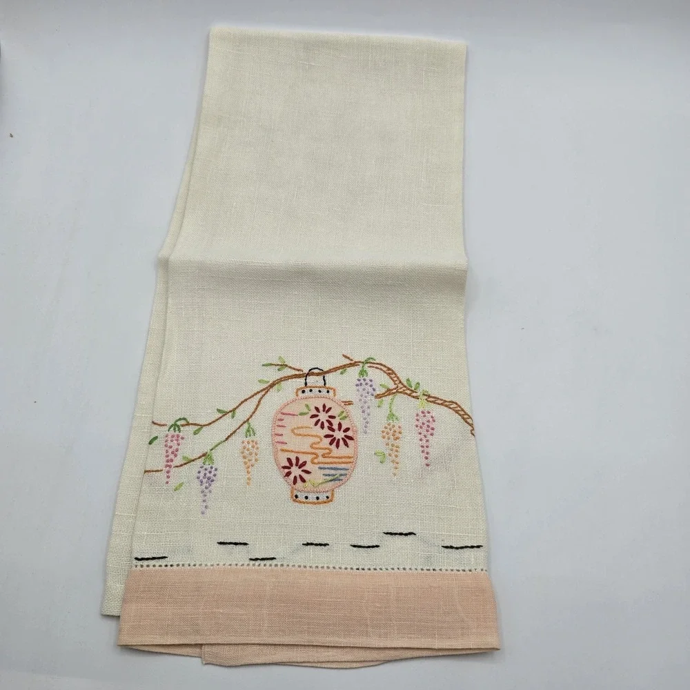 Vintage Embroidered Hand‎ Tea Towel Japanese Lantern Cottagecore